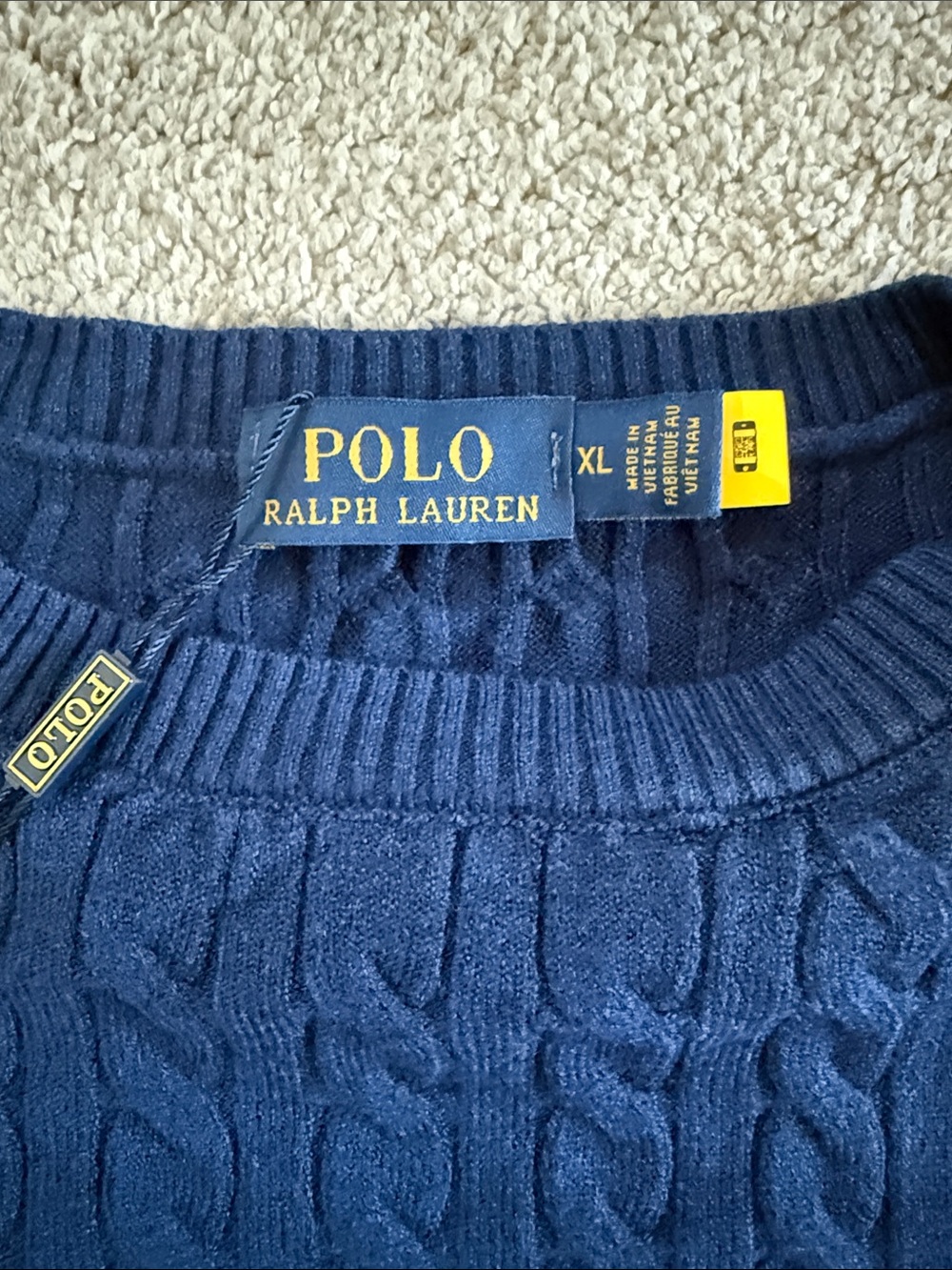 Polo by Ralph Lauren YOUTH BOYS Navy Cable-Knit Crewneck Sweater with Red Pony - Picture 2 of 3
